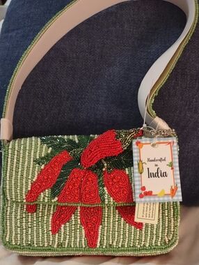NWTS Viral TikTok Chilli Pepper Striped Beaded Flap Shoulder Bag. Made In India